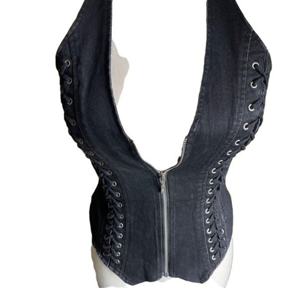 Lydia motorcycle vest Halter Top y2k black denim lace Zip Up Goth Emo Small VTG - Picture 4 of 12